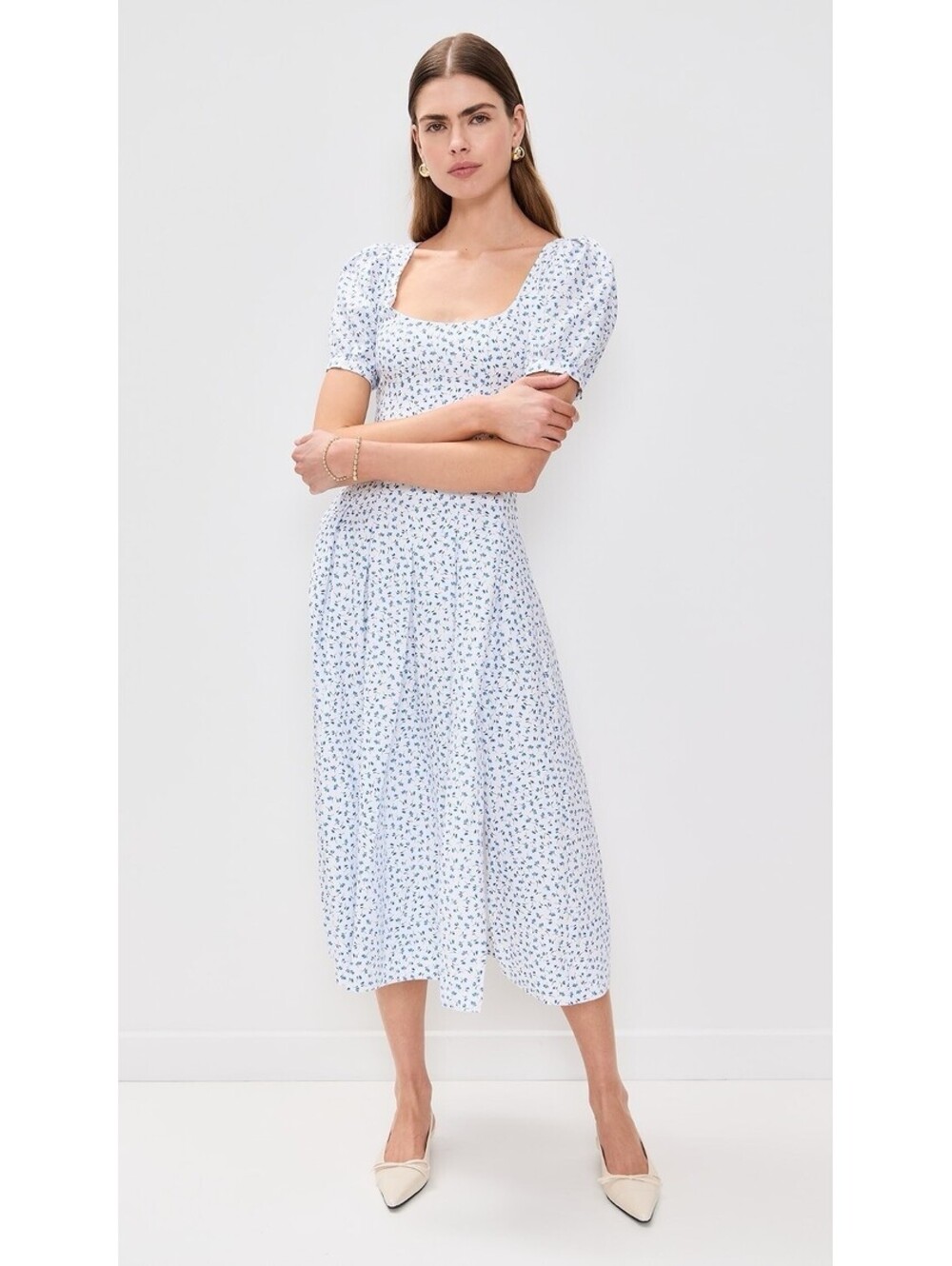 Reformation Women’s Size 6 Blue White Coucou Linen Feminine Midi Dress